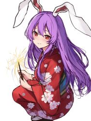Rule 34 | 1girl, alternate costume, animal ears, closed mouth, commentary, english commentary, fireworks, floral print, full body, highres, japanese clothes, kimono, long hair, looking at viewer, orchid (orukido), purple hair, rabbit ears, rabbit girl, red eyes, red kimono, reisen udongein inaba, sash, simple background, smile, solo, sparkler, squatting, touhou, white background