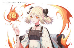 Rule 34 | 1girl, arknights, black choker, blonde hair, chinese commentary, choker, collarbone, commentary request, fire, grin, hair between eyes, hand up, highres, horns, ifrit (arknights), looking at viewer, material growth, orange eyes, originium arts (arknights), oripathy lesion (arknights), shin (shin9159), short hair, simple background, smile, solo, translation request, upper body, white background, wristband