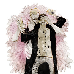 Rule 34 | 2boys, black hair, blonde hair, denim, donquixote doflamingo, feather boa, feathers, hand over eyes, holding another&#039;s wrist, jacket, jeans, male focus, multiple boys, natsume (ntm 62), one piece, open clothes, open shirt, pants, shirt, sunglasses, tattoo, trafalgar law