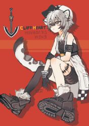 Rule 34 | 1girl, animal ear fluff, animal ears, arknights, bare shoulders, black footwear, black gloves, black shorts, black thighhighs, boots, breasts, cabbie hat, character name, checkered clothes, checkered headwear, cliffheart (arknights), closed mouth, commentary request, full body, fur-trimmed boots, fur trim, gloves, grey eyes, grey hair, hair between eyes, hat, highres, jacket, leopard ears, leopard girl, leopard tail, open clothes, open jacket, red background, shoe soles, short shorts, shorts, single thighhigh, sitting, sleeveless, sleeveless jacket, small breasts, solo, tail, thighhighs, uyuni-piyo, white hat, white jacket