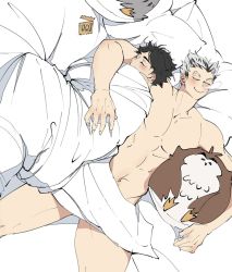 Rule 34 | 2boys, akaashi keiji, bed, bed sheet, black hair, blanket, blush, bokuto koutarou, closed eyes, closed mouth, condom, condom wrapper, haikyuu!!, jtdbyhra2022, large pectorals, lying, male focus, multicolored hair, multiple boys, muscular, muscular male, naked sheet, nose bubble, on back, on bed, on side, pectorals, short hair, sleeping, smile, stuffed animal, stuffed owl, stuffed toy, two-tone hair, under covers, white hair, yaoi