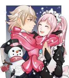 Rule 34 | 1boy, 1girl, armor, black dress, black gloves, blush, border, bridal gauntlets, brooch, closed eyes, closed mouth, commentary, commission, corrin (fire emblem), corrin (male) (fire emblem), corrin (male) (fire emblem), dress, english commentary, face-to-face, felicia (fire emblem), fire emblem, fire emblem fates, forehead, gloves, highres, jewelry, long hair, long sleeves, looking at another, maid, maid headdress, nintendo, open mouth, outside border, pink hair, pointy ears, ponytail, profile, red eyes, red scarf, scarf, shared clothes, shared scarf, short hair, sierra117renner, signature, silver hair, smile, snow, snowflakes, snowing, snowman, twitter username, upper body, white border