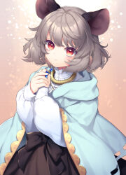 Rule 34 | 1girl, animal ears, black bow, black skirt, blue cape, bow, cape, grey hair, highres, long sleeves, looking at viewer, mouse ears, mouse girl, nazrin, red eyes, shirt, short hair, skirt, smile, solo, tomobe kinuko, touhou, white shirt