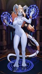 Rule 34 | 1girl, blonde hair, bracelet, breasts, closed mouth, colored sclera, colored skin, completely nude, contrapposto, curled horns, diadem, distr, draenei, floating hair, grey skin, hair between eyes, hands up, highres, hooves, horn ornament, horn ring, horns, indoors, jewelry, large breasts, long hair, looking at viewer, magic, magic circle, monster girl, navel, nipples, nude, pink sclera, ponytail, pussy, ring, solo, standing, tail, tail ornament, tail ring, tentacles, uncensored, white eyes