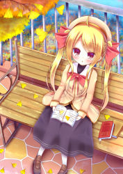 Rule 34 | 1girl, ahoge, bench, blonde hair, book, bow, esureki, from above, hair bow, hair ribbon, hat, holding, leaf, long hair, looking at viewer, looking up, original, park bench, red eyes, ribbon, school uniform, see-through, shoes, sitting, socks, solo, twintails, white socks