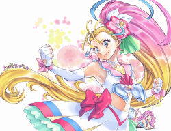 Rule 34 | 2girls, armpits, blonde hair, blue hair, clenched hands, closed mouth, commentary, copyright name, cowboy shot, cure summer, earrings, elbow gloves, fingerless gloves, flower, gloves, green eyes, hair flower, hair ornament, jewelry, laura (precure), long hair, looking at another, looking at viewer, lying, magical girl, mermaid, midriff, monster girl, multicolored hair, multiple girls, natsuumi manatsu, on stomach, pink hair, precure, side ponytail, sleeveless, smile, takanashi ringo, tropical-rouge! precure, very long hair, wavy hair, white gloves