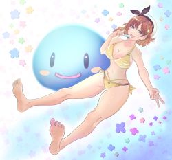 Rule 34 | absurdres, atelier (series), atelier ryza, atelier ryza 2, bikini, breasts, brown eyes, brown hair, cleavage, food, highres, huge filesize, large breasts, multi-strapped bikini bottom, multicolored background, popsicle, puni (atelier), reisalin stout, short hair, solo, swimsuit, thick thighs, thighs, white headwear, yandette, yellow bikini