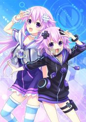Rule 34 | adult neptune, bangle, blue background, bracelet, breasts, choker, cleavage, dress, hair ornament, hairclip, happy, hood, hoodie, jersey, jersey dress, jewelry, large breasts, leggings, long hair, neptune (neptunia), neptune (series), official art, open mouth, parka, purple eyes, purple hair, short hair, small breasts, thighhighs, thighs, tsunako, watermark