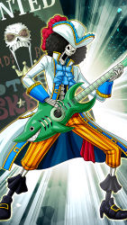 Rule 34 | 1boy, afro, black footwear, black hair, black legwear, blue bow, blue bowtie, bow, bowtie, brook (one piece), emphasis lines, guitar, hair ornament, hat, high heels, highres, holding, holding instrument, instrument, male focus, one piece, open mouth, pants, skeleton, solo, standing, striped clothes, striped pants, sunglasses, vertical-striped clothes, vertical-striped pants, white hat, yellow pants
