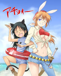 Rule 34 | 00s, 2girls, agahari, animal ears, asymmetrical clothes, bandana, bandeau, belt, black hair, blue eyes, blush, boots, breasts, cat ears, cat tail, charlotte e. yeager, closed eyes, fang, flat chest, francesca lucchini, front-tie top, innertube, large breasts, long hair, midriff, multiple girls, navel, old-fashioned swimsuit, one-piece swimsuit, one eye closed, orange hair, pirate, rabbit ears, rabbit girl, scabbard, see-through, sheath, shirt, single pantsleg, smile, strapless, strike witches, striped, swim ring, swimsuit, sword, tail, tied shirt, tube top, underboob, weapon, wink, world witches series