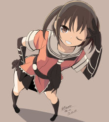 Rule 34 | 10s, 1girl, ;p, blush, brown eyes, brown hair, double bun, elbow gloves, gloves, hair bun, hand on own hip, kantai collection, one eye closed, open mouth, personification, school uniform, sendai (kancolle), serafuku, short hair, skirt, smile, solo, tongue, tongue out, twintails, two side up, wara (warapro), wink