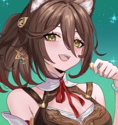 Rule 34 | 1girl, :d, animal ears, bare shoulders, brown hair, coin, commentary, fox ears, holding, holding coin, honkai: star rail, honkai (series), long hair, looking at viewer, open mouth, ponytail, sleeveless, smile, solo, ten-chan (eternal s), tingyun (honkai: star rail), upper body, yellow eyes