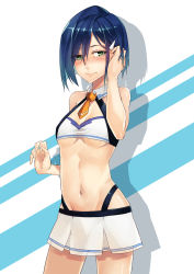 Rule 34 | 10s, 1girl, a-er (akkij0358), adapted costume, bad id, bad pixiv id, blue hair, blush, breasts, closed mouth, cowboy shot, darling in the franxx, green eyes, hair ornament, hairclip, highres, ichigo (darling in the franxx), looking at viewer, midriff, navel, shadow, short hair, skirt, small breasts, solo