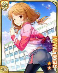 Rule 34 | 1girl, ass, blue shorts, brown eyes, brown hair, card (medium), day, girlfriend (kari), jacket, looking at viewer, low twintails, morning, official art, one eye closed, outdoors, pink jacket, qp:flapper, running, shirt, shorts, smile, solo, tagme, tamai remi, tank top, twintails, white shirt, workout clothes