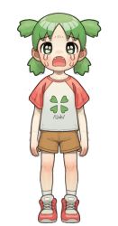 Rule 34 | 1girl, 4chan, brown shorts, child, clover, crying, crying with eyes open, fangs, four-leaf clover, full body, green eyes, green hair, highres, koiwai yotsuba, looking at viewer, meme, open mouth, opossumachine, quad tails, shirt, shoes, short hair, short sleeves, shorts, sneakers, standing, tears, uohhhhhhhhh! (meme), white shirt, yotsubato!