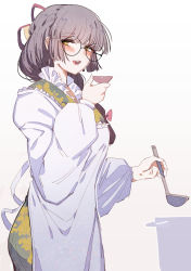 Rule 34 | 1girl, at2., black-framed eyewear, blush, bow, bowl, braid, character request, copyright request, glasses, grey hair, hair bow, highres, holding, holding bowl, holding ladle, ladle, lips, long hair, long sleeves, looking at viewer, open mouth, red bow, round eyewear, single braid, solo, teeth, upper teeth only, yellow eyes
