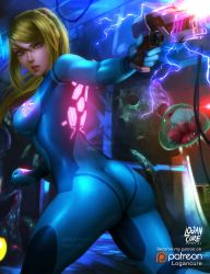 Rule 34 | armpits, ass, blonde hair, blue bodysuit, bodysuit, cable, directed-energy weapon, electricity, energy, energy gun, energy weapon, from side, glowing, gun, hair between eyes, handgun, high ponytail, highres, indoors, kneepits, legs apart, logan cure, long hair, looking at viewer, metroid, metroid: other m, metroid (creature), mole, mole under mouth, neon trim, nintendo, paralyzer, patreon, pistol, ponytail, realistic, samus aran, shiny clothes, skin tight, standing, super smash bros., swept bangs, thighs, video game, watermark, weapon, web address, zero suit