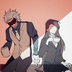 Rule 34 | 1boy, 1girl, absurdres, ace attorney, arm at side, black blood, black jacket, black pants, black shorts, bleeding, blood, blue shirt, brown hair, buttons, clenched teeth, closed eyes, closed mouth, cup, earrings, godot (ace attorney), grey hair, hair slicked back, highres, holding, holding cup, jacket, jewelry, lapels, lazy862111, long hair, magatama, mia fey, mole, mole under mouth, mug, necktie, pants, parted lips, pink background, shirt, short hair, shorts, sitting, smile, spiked hair, suit jacket, swept bangs, teacup, teeth, very long hair, vest, white necktie, white shirt, yellow vest