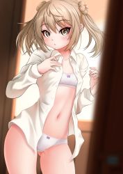 Rule 34 | 1girl, absurdres, blurry, bra, collarbone, commentary request, contrapposto, depth of field, double bun, dress shirt, gluteal fold, hair bun, highres, kantai collection, light brown hair, long sleeves, looking at viewer, makura (y makura), michishio (kancolle), navel, open clothes, panties, shirt, short hair, short twintails, solo, training bra, twintails, underwear, white bra, white panties, white shirt