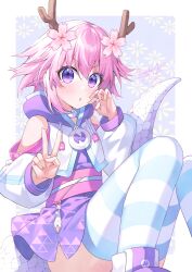 Rule 34 | 1girl, artist name, binato lulu, breasts, covered erect nipples, female focus, highres, jewelry, looking at viewer, neptune (neptunia), neptune (series), open mouth, pink hair, purple eyes, short hair, small breasts, solo, striped clothes, striped thighhighs, text focus, thighhighs, translation request