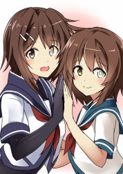 Rule 34 | 10s, 2017, 2girls, :d, aged up, blush, bodysuit, brown eyes, brown hair, commentary request, dual persona, furutaka (kancolle), glowing, glowing eye, hair ornament, hairclip, heterochromia, highres, holding hands, kamelie, kantai collection, looking at viewer, multiple girls, neckerchief, open mouth, red neckerchief, remodel (kantai collection), revision, school uniform, serafuku, short hair, short sleeves, smile, white background