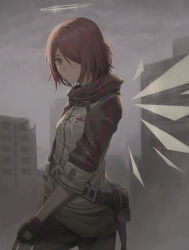 Rule 34 | 1girl, arknights, belt pouch, black gloves, black jacket, brown eyes, building, closed mouth, commentary, energy wings, exusiai (arknights), fingerless gloves, gloves, grey sky, halo, highres, jacket, multicolored clothes, multicolored jacket, name tag, outdoors, pouch, ruins, short hair, sky, solo, subfiction, two-tone jacket, upper body, white jacket