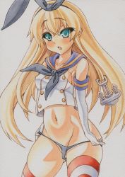 Rule 34 | 10s, 1girl, alternate eye color, anchor hair ornament, aqua eyes, black panties, blonde hair, blush, crop top, crop top overhang, elbow gloves, gloves, hair ornament, hairband, kantai collection, long hair, marker (medium), midriff, millipen (medium), navel, no pants, panties, panty pull, shimakaze (kancolle), simple background, solo, striped clothes, striped thighhighs, thighhighs, traditional media, underwear, white background, white gloves, yutakasan-love