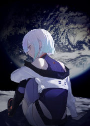 Rule 34 | 1girl, bare shoulders, closed mouth, cropped jacket, cyberpunk (series), cyberpunk edgerunners, cyborg, earth (planet), from behind, grey hair, highres, hip vent, leotard, lucy (cyberpunk), off-shoulder jacket, off shoulder, pants, planet, shenqi de (9), short hair, sitting, solo, space, tears