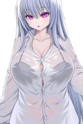 Rule 34 | 1girl, asamura hiori, bra visible through clothes, breasts, button gap, cleavage, highres, huge breasts, long hair, looking at viewer, original, purple eyes, see-through, shirt, silver hair, solo, taut clothes, taut shirt, tight clothes, tight shirt, upper body, wet, wet clothes, wet hair, wet shirt, white shirt