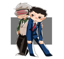 Rule 34 | 2boys, black hair, black pants, blazer, blue pants, facial hair, godot (ace attorney), ace attorney, phoenix wright: ace attorney - trials and tribulations, jacket, looking at another, multiple boys, phoenix wright, necktie, pants, saetitiitan, simple background, smile, spiked hair, vest, visor, white hair