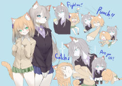 Rule 34 | &gt; &lt;, 2girls, afterimage, all fours, animal ear fluff, animal ears, black cardigan, blank eyes, blonde hair, blue skirt, blush, cardigan, cat ears, cat girl, cat tail, dodging, dog ears, dog girl, dog tail, english text, furry, furry female, green skirt, grey hair, hand on another&#039;s head, multiple girls, original, pleated skirt, punching, school uniform, simple background, skirt, sleeves past fingers, sleeves past wrists, sweatdrop, tail, tripping, yongen yu, yuri