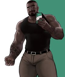 Rule 34 | 1boy, arm hair, bara, beard, black tank top, blush, bulge, chest hair, dark-skinned male, dark skin, dopey (dopq), facial hair, feet out of frame, highres, holding, holding phone, large pectorals, looking at viewer, male focus, mature male, muscular, muscular male, original, pectoral cleavage, pectorals, phone, selfie, short hair, sidepec, solo, tank top, thick eyebrows, thick thighs, thighs, very dark skin
