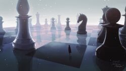 Rule 34 | 1girl, bishop (chess), black dress, black hair, board game, chess, chess piece, chessboard, dated, dress, highres, king (chess), knight (chess), nothingblues yuki, original, oversized object, pawn (chess), queen (chess), reflective floor, rook (chess), scenery, signature, snow, twitter username