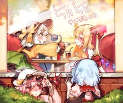 Rule 34 | 4girls, bat wings, black hat, blonde hair, blue hair, blush, bow, bush, commentary, crystal, cup, drinking glass, drinking straw, feeding, flandre scarlet, food, frilled sleeves, frills, from behind, green eyes, hair bow, hat, hat bow, highres, komeiji koishi, komeiji satori, long sleeves, looking at another, looking inside, multiple girls, no headwear, omelet, omurice, open mouth, peeking, pink hair, profile, red bow, red eyes, remilia scarlet, shaded face, shan, short hair, short sleeves, siblings, side ponytail, sisters, sunglasses, sweatdrop, third eye, touhou, translation request, unworn eyewear, white hair, white hat, window, wings, yellow bow, yellow neckwear, yuri