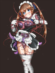 Rule 34 | 1girl, apron, bdsm, biosuit, black background, blue eyes, blush, bondage, bound, bound legs, breasts, brown hair, clenched teeth, frown, fumi11gou, head tilt, highres, legs together, living clothes, maid, maid apron, maid headdress, medium breasts, nipples, original, simple background, solo, standing, struggling, tears, teeth, tentacles, tentacle clothes, twintails, waist apron