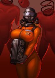 Rule 34 | 1girl, 2others, bodysuit, breasts, chira (chiaroscuro), coil-head (lethal company), engine, facing viewer, gloves, gradient background, grey gloves, hazmat suit, highres, holding, large breasts, lethal company, monster, multiple others, name tag, orange bodysuit, oxygen mask, red background, simple background, standing, worker (lethal company)