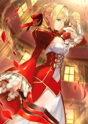 Rule 34 | 1girl, aestus domus aurea, aestus estus, ahoge, bad id, bad pixiv id, blonde hair, blush, braid, braided bun, breasts, cleavage, colosseum, cowboy shot, crown braid, dress, epaulettes, fate/extra, fate/grand order, fate (series), flower, green eyes, hair bun, hair intakes, hair ribbon, highres, holding, holding flower, holding sword, holding weapon, indoors, large breasts, looking at viewer, medium breasts, nero claudius (fate), nero claudius (fate) (all), nero claudius (fate/extra), overlay (0verray), petals, red dress, red flower, red rose, ribbon, rose, see-through, smile, solo, sword, weapon, wide sleeves