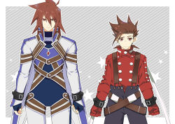 Rule 34 | 2boys, belt, black pants, bodysuit, brown hair, buckle, clenched hand, cowboy shot, gloves, grey background, kratos aurion, lloyd irving, male focus, multiple boys, official alternate costume, pants, red gloves, red shirt, shirt, spiked hair, star (symbol), striped, striped background, suspenders, tales of (series), tales of symphonia, tktg