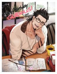 Rule 34 | 1boy, 2021, alternate costume, arm tattoo, beard, birthday, black-framed eyewear, black hair, book, box, branch, chair, character name, coffee, collarbone, cup, english text, closed eyes, facial hair, facing viewer, final fantasy, final fantasy xv, flower, gift, gift box, gladiolus amicitia, glasses, hair slicked back, happy, happy birthday, head rest, highres, indoors, jewelry, laughing, male focus, mug, mullet, necklace, open book, open mouth, pink flower, plant, potted plant, scar, scar across eye, scar on face, shelf, shirt, sideburns, sitting, solo, table, tattoo, white shirt, window, yuzukarin