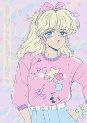 Rule 34 | 1980s (style), 1girl, blonde hair, blue eyes, blue skirt, blush, bow, bracelet, commentary, earrings, english commentary, hair bow, hand in pocket, heart, highres, jewelry, long hair, long sleeves, looking at viewer, mizucat, musical note, oldschool, original, pink bow, pink sweater, pleated skirt, ponytail, purple background, retro artstyle, skirt, smile, solo, sweater, tongue, tongue out, valentine, white bow