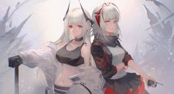 Rule 34 | 2girls, absurdres, antennae, arknights, bare shoulders, black choker, black gloves, black jacket, black scarf, black skirt, breasts, choker, commentary request, crop top, gloves, grey shirt, highres, horns, jacket, laomizhou, large breasts, long hair, long sleeves, looking at viewer, midriff, mudrock (arknights), multiple girls, navel, off shoulder, open clothes, open jacket, planted, pointy ears, red eyes, scarf, shirt, short sleeves, silver hair, skirt, sports bra, stomach, w (arknights), yellow eyes