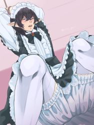 Rule 34 | 10s, 1boy, alternate costume, apron, arms up, aymeric, aymeric de borel, bdsm, black hair, bloomers, blue eyes, blush, bondage, bound, bound wrists, crossdressing, dutch angle, elezen, elf, enmaided, extra, final fantasy, final fantasy xiv, frills, hair between eyes, maid, maid apron, maid headdress, male focus, nyan poco march, open mouth, pointy ears, rope, solo, thighhighs, twitter username, underwear, waist apron, white thighhighs