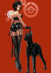 Rule 34 | 1girl, ass, bad id, bad pixiv id, baton, belt, black hair, black thighhighs, breasts, brown eyes, character request, choker, collar, corset, crossed legs, cuffs, dobermann, dog, english text, from behind, garter belt, handcuffs, hat, high heels, large breasts, leather, legs, looking back, original, peaked cap, police, police uniform, policewoman, pouch, realistic, sh-, shoes, short shorts, shorts, spikes, standing, thighhighs, twintails, uniform, watson cross