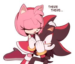 Rule 34 | 1boy, 1girl, amy rose, bracelet, closed eyes, comforting, dress, feet out of frame, furry, furry female, furry male, gloves, hairband, head hug, highres, hug, jewelry, kneeling, long eyelashes, red dress, red eyes, red footwear, red hairband, shadow the hedgehog, sitting, sonic (series), tearing up, toonsite, white background, white gloves