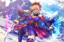 Rule 34 | 1girl, bare shoulders, black thighhighs, blue eyes, blue kimono, blue sky, breasts, cloud, detached sleeves, dual wielding, earrings, fate/grand order, fate (series), hair between eyes, hair ornament, highres, holding, holding sword, holding weapon, ice, japanese clothes, jewelry, katana, kimono, large breasts, long hair, looking at viewer, miyamoto musashi (fate), mountain, obi, open mouth, pink hair, ponytail, samoore, sash, short kimono, sky, snow, solo, standing, sword, thighhighs, thighs, weapon, wide sleeves