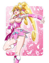 Rule 34 | 1girl, aida mana, arm warmers, bike shorts, blonde hair, blush, boots, bow, breasts, breasts out, choker, cure heart, curly hair, dokidoki! precure, dress, earrings, female focus, gambler club, half updo, heart, jewelry, knee boots, kohsaka jun, large breasts, long hair, magical girl, nipples, no panties, open mouth, pink bow, pink eyes, pink footwear, ponytail, precure, skirt, smile, solo