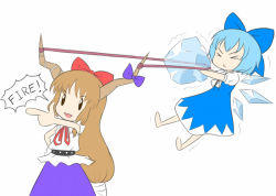 Rule 34 | &gt; &lt;, 2girls, :&lt;, :d, barefoot, belt, blue bow, blue dress, blue hair, blue ribbon, bow, brown hair, chibi, cirno, commentary, cowboy shot, detached wings, dress, english text, full body, hair bow, hair ribbon, hand on own hip, horn bow, horn ornament, horn ribbon, horns, ibuki suika, ice, ice wings, long hair, mazume, multiple girls, no nose, open mouth, pointing, puffy short sleeves, puffy sleeves, purple bow, purple ribbon, purple skirt, ribbon, rubber band, shirt, short hair, short sleeves, simple background, skirt, sleeveless, slingshot (weapon), smile, solid oval eyes, speech bubble, touhou, trembling, v-shaped eyebrows, white background, white shirt, wings