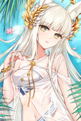 Rule 34 | 1girl, ahoge, aiguillette, animal ear fluff, animal ears, arknights, bikini, bracelet, breasts, chinese commentary, closed mouth, collarbone, criss-cross halter, dakimakura (medium), dress, expressionless, female focus, from above, halterneck, hand in own hair, head tilt, horse ears, jewelry, jiushi shijiu, laurel crown, lips, long hair, looking at viewer, medium breasts, midriff, navel, off-shoulder dress, off shoulder, official alternate costume, partially submerged, petals, plant, platinum (arknights), platinum (shimmering dew) (arknights), sash, see-through, silver hair, solo, straight hair, striped sash, swimsuit, upper body, water, wet, wet clothes, white bikini, white dress, yellow eyes