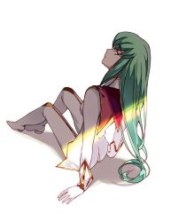 Rule 34 | 1girl, ass, back, breasts, c.c., code geass, gloves, green hair, long hair, looking back, medium breasts, meimi k, sitting, solo, white gloves, yellow eyes
