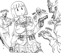 Rule 34 | 1girl, bad id, bb (baalbuddy), belt, blunt bangs, bob cut, bow, bowtie, breasts, contrapposto, greyscale, gun, holding, holding gun, holding sword, holding weapon, inactive account, katana, long sleeves, medium breasts, mob face, monochrome, nichijou, parody, parted lips, pleated skirt, pouch, sekiguchi yuria, simple background, skirt, sword, thigh strap, thighhighs, weapon, white background, zombie, | |, || ||